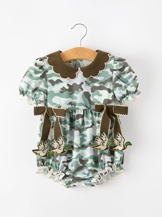 Fall Camo Bow Girls Ruffle Bubble Romper -