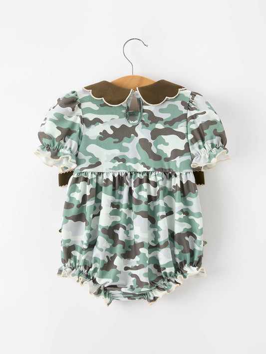 Fall Camo Bow Girls Ruffle Bubble Romper -