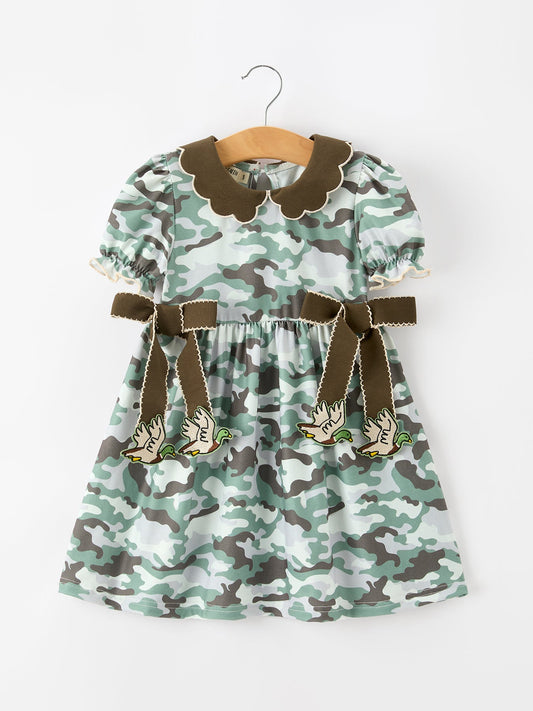 Fall Camo Bow Girls Puff Sleeve Twirl Dress -