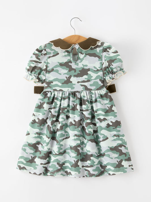 Fall Camo Bow Girls Puff Sleeve Twirl Dress -