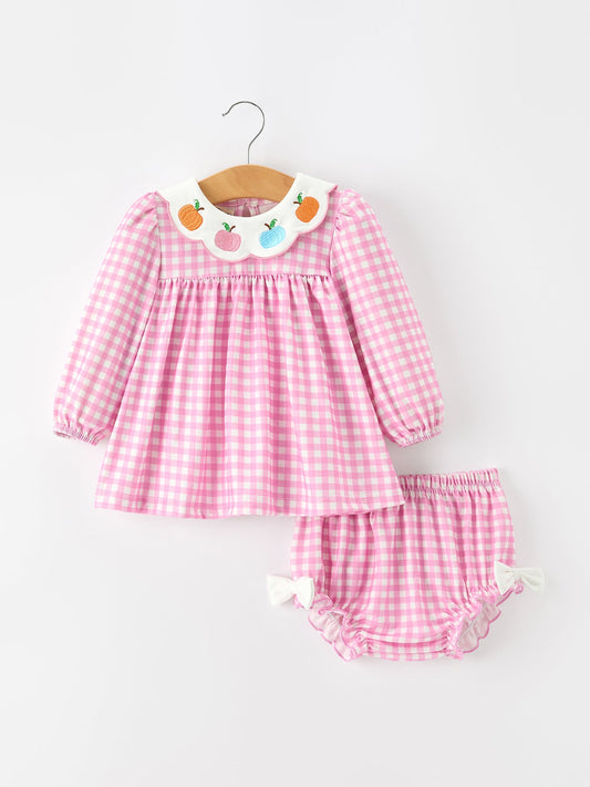 Thanksgiving Halloween Pumpkin Embroidery Pink Plaid Girls Bloomer Set -