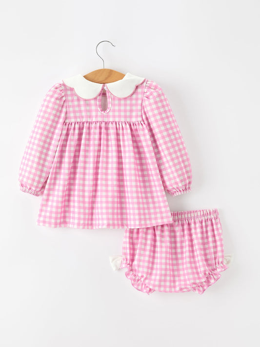 Thanksgiving Halloween Pumpkin Embroidery Pink Plaid Girls Bloomer Set -