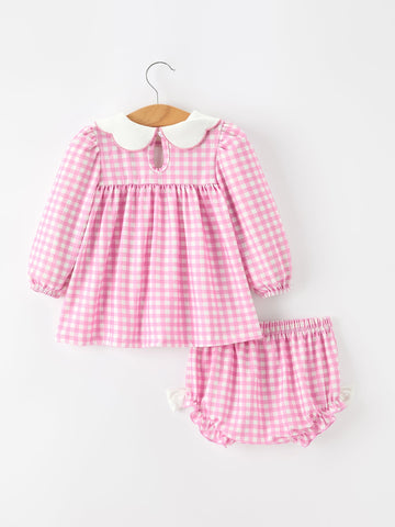Thanksgiving Halloween Pumpkin Embroidery Pink Plaid Girls Bloomer Set