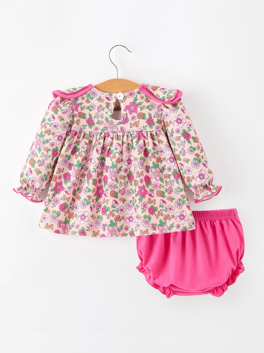 Hot Pink Floral Petals Collar Girl Bloomer Set -