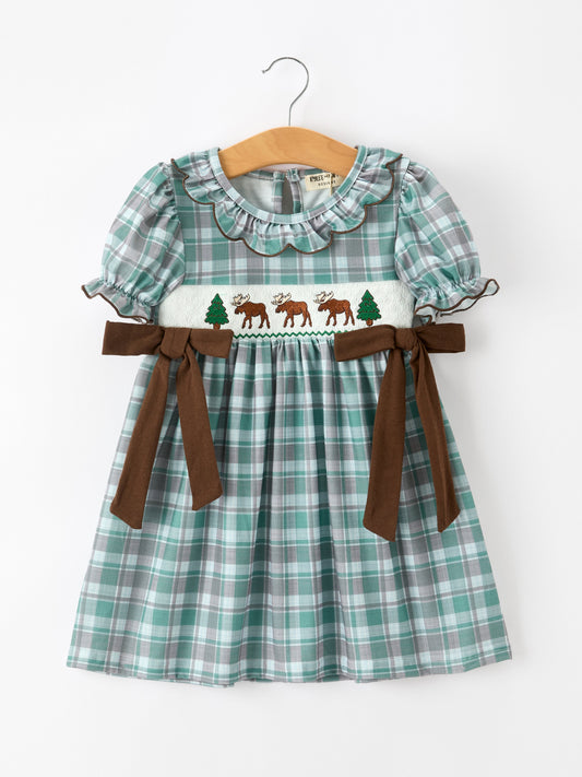 Plaid Moose Smocked Girls Puff Sleeve Dress -