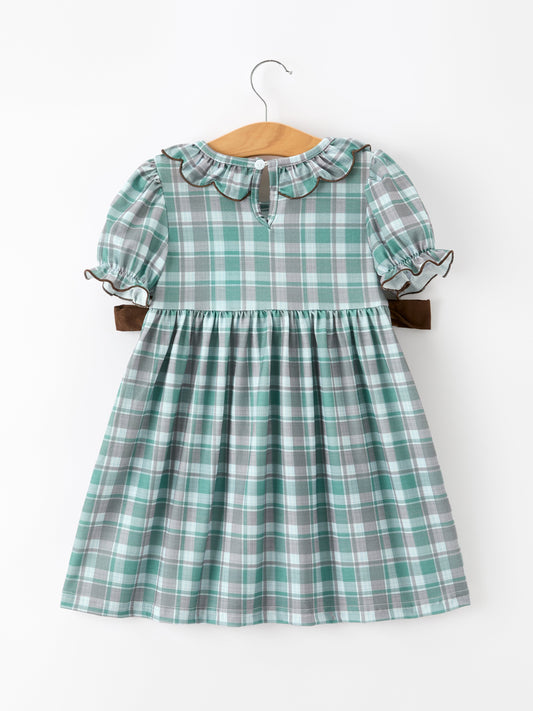 Plaid Moose Smocked Girls Puff Sleeve Dress -