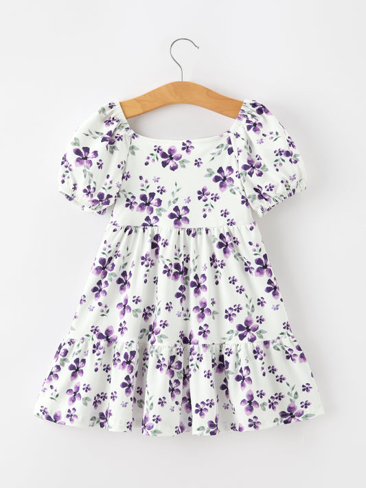 Fall Lavender Floral Puff Sleeve Girls Dress -