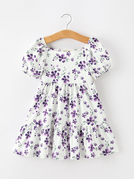 Fall Lavender Floral Puff Sleeve Girls Dress -