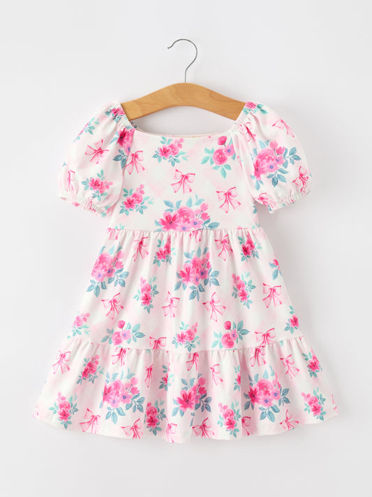Fall Pink Floral Puff Sleeve Girls Dress -