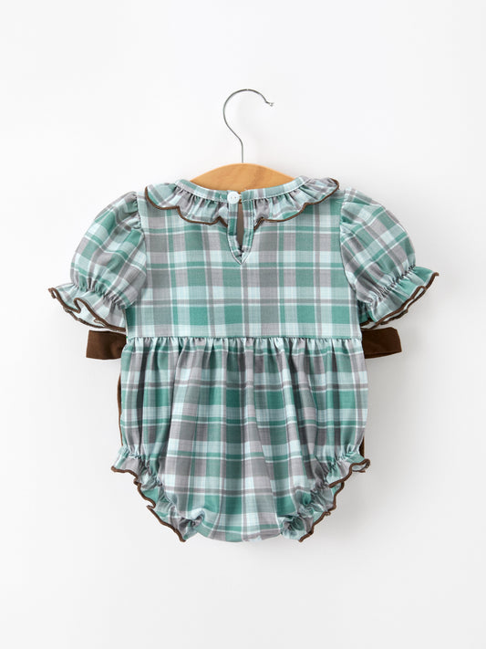 Plaid Moose Smocked Baby Girl Bubble Romper -