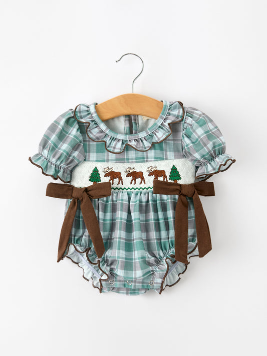 Plaid Moose Smocked Baby Girl Bubble Romper -
