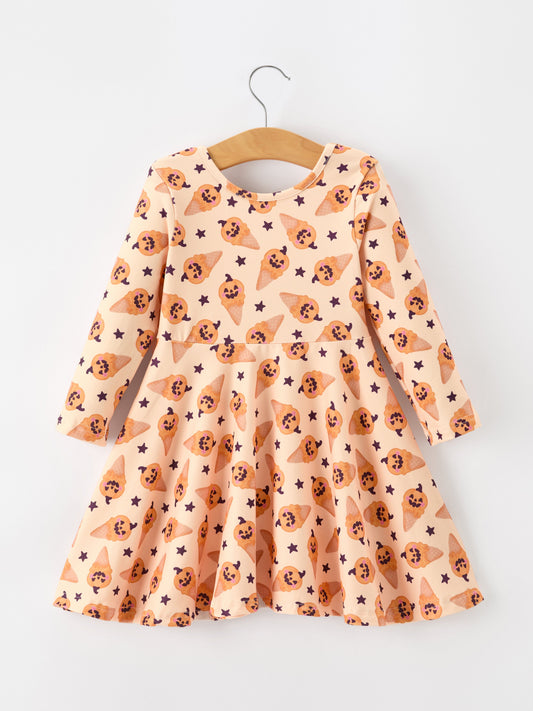 Halloween Pumpkin Girls Long Sleeve Dress -