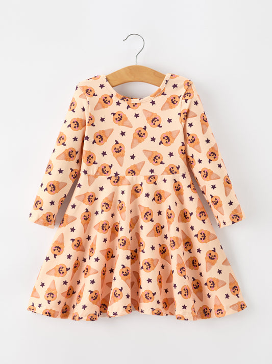 Halloween Pumpkin Girls Long Sleeve Dress -
