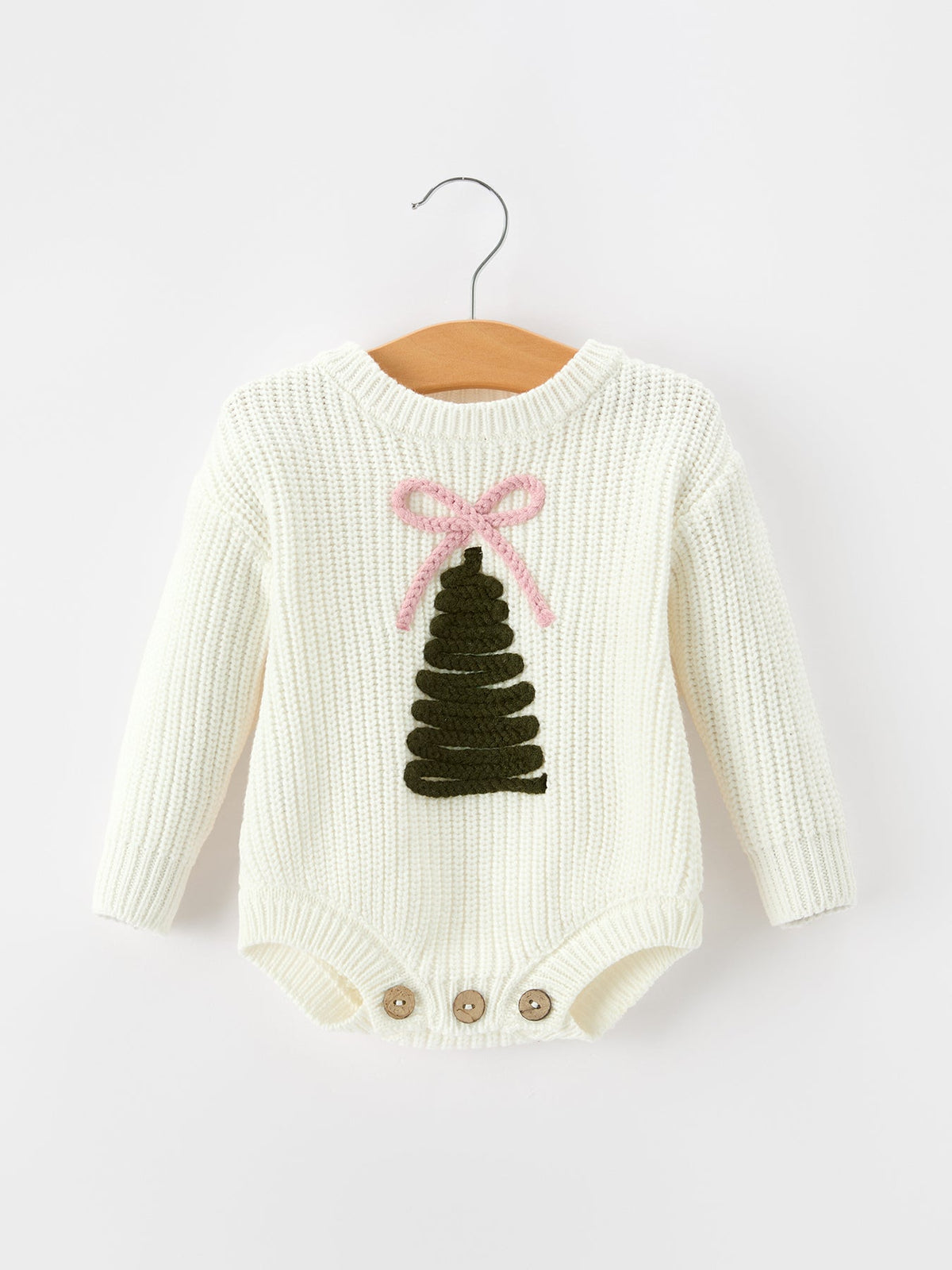 Winter Christmas Tree Girls Knit Romper Bow Long Sleeve