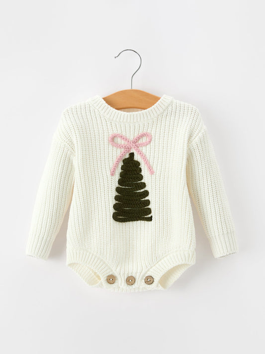 Winter Christmas Tree Girls Knit Romper Bow Long Sleeve -