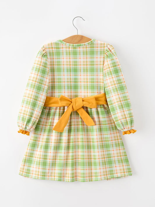 Thanksgiving Turkey Applique Plaid Girls Long Sleeve Dress -