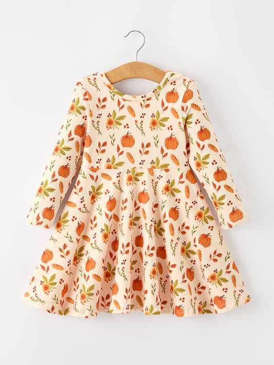 Fall Pumpkin Floral Girls Twirl Dress Long Sleeve -