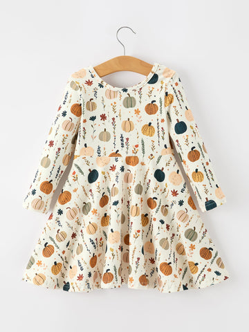 Fall Orange Pumpkin & Leaf Twirl Girls Dress