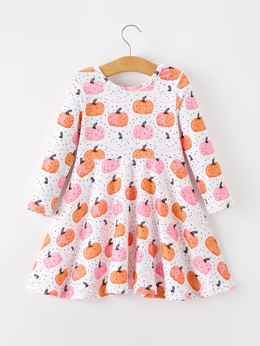 Fall Pumpkin Print Girls Twirl Dress Long Sleeve -