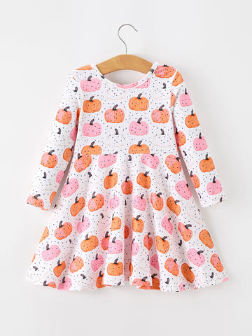 Fall Pumpkin Print Girls Twirl Dress Long Sleeve
