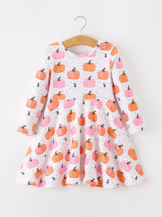 Fall Pumpkin Print Girls Twirl Dress Long Sleeve -
