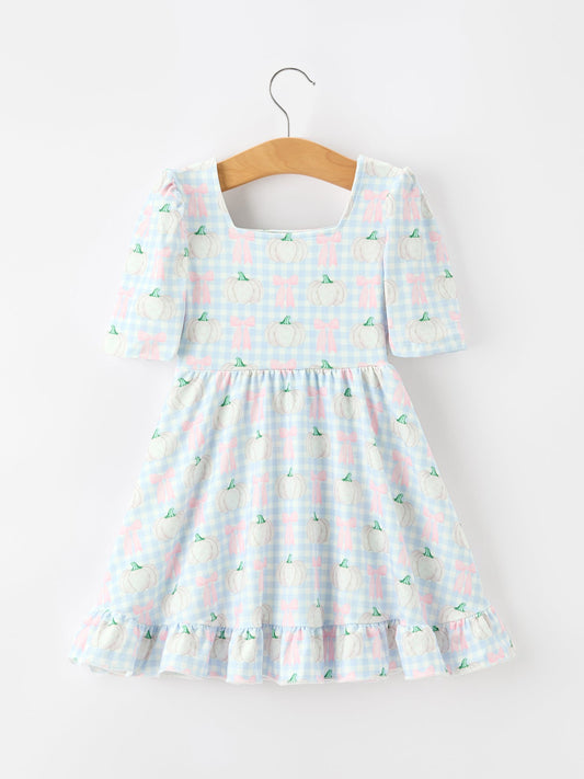 Fall Pumpkin Bow Plaid Girls Ruffle Hem Dress -