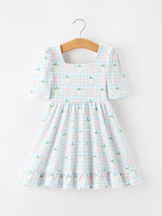 Fall Pumpkin Bow Plaid Girls Ruffle Hem Dress -