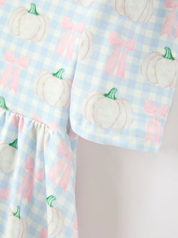 Fall Pumpkin Bow Plaid Girls Ruffle Hem Dress