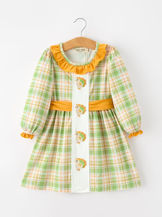 Thanksgiving Turkey Applique Plaid Girls Long Sleeve Dress -