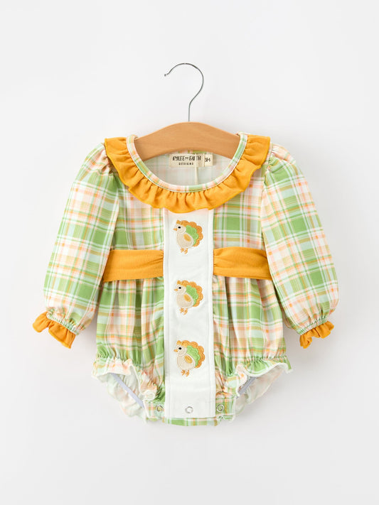 Thanksgiving Turkey Plaid Baby Girl Bubble Romper -
