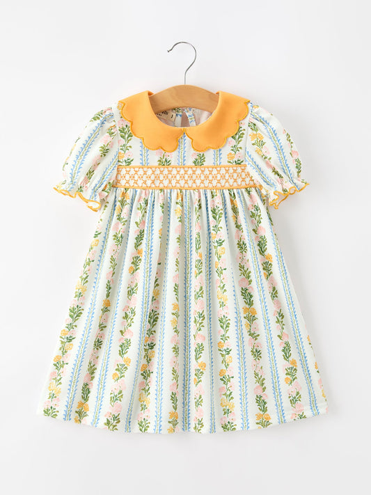 Fall Smocked Floral & Stripe Baby Girl Dress with Scallop Collar -