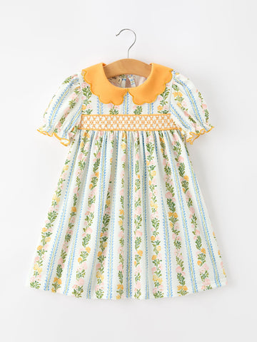 Fall Smocked Floral & Stripe Baby Girl Dress with Scallop Collar