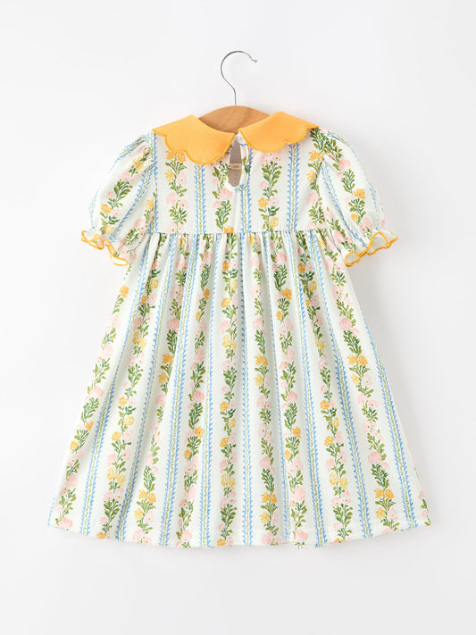 Fall Smocked Floral & Stripe Baby Girl Dress with Scallop Collar -