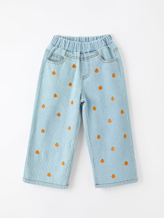 Halloween Thanksgiving Pumpkin Embroidered Girls Flare Pants -