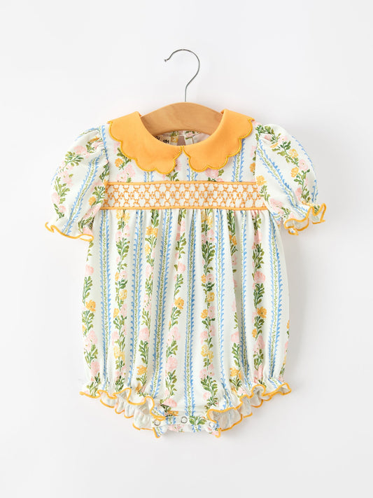 Fall Smocked Floral & Stripe Baby Girl Romper with Scallop Collar -