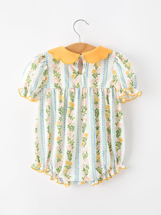 Fall Smocked Floral & Stripe Baby Girl Romper with Scallop Collar -