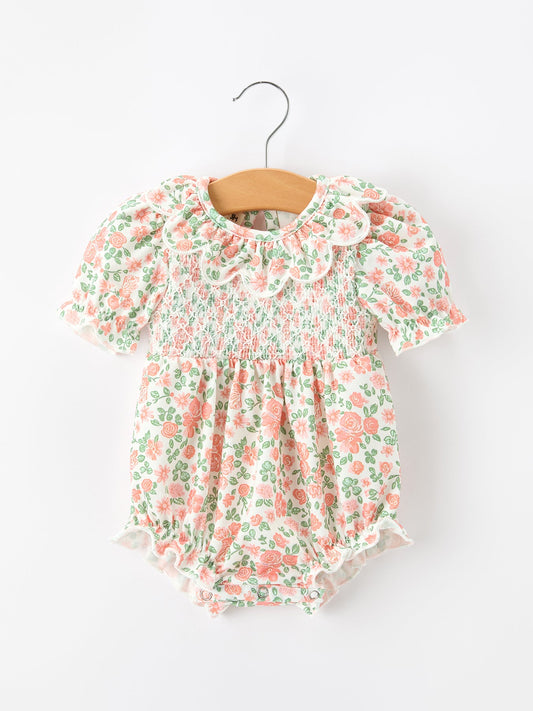 Fall Blush Floral Baby Romper Smocked Petal Collar -