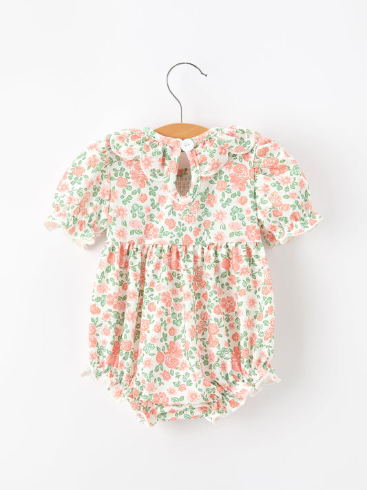 Fall Blush Floral Baby Romper Smocked Petal Collar -