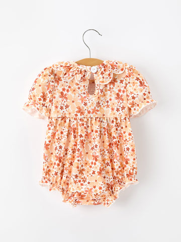 Fall Rust Floral Baby Romper Smocked Petal Collar