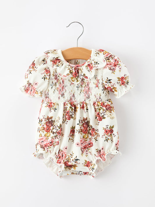 Fall Garden Baby Romper Smocked Petal Collar Bow -