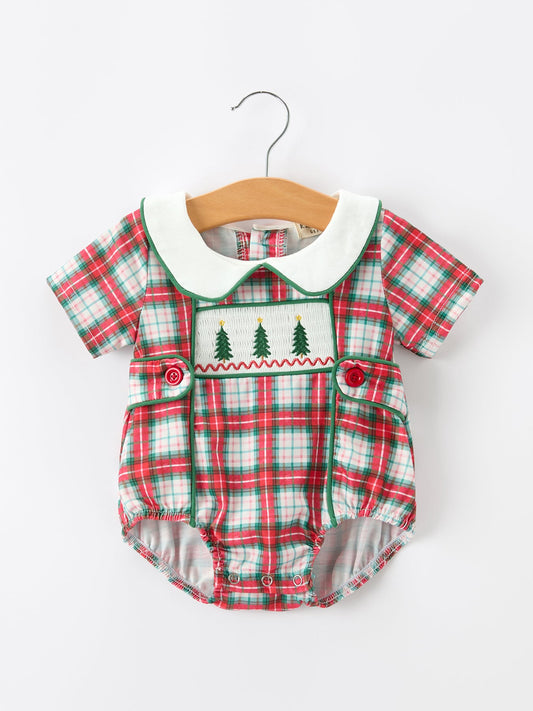 Christmas Tree Plaid Boys Romper Peter Pan Collar Smocked -