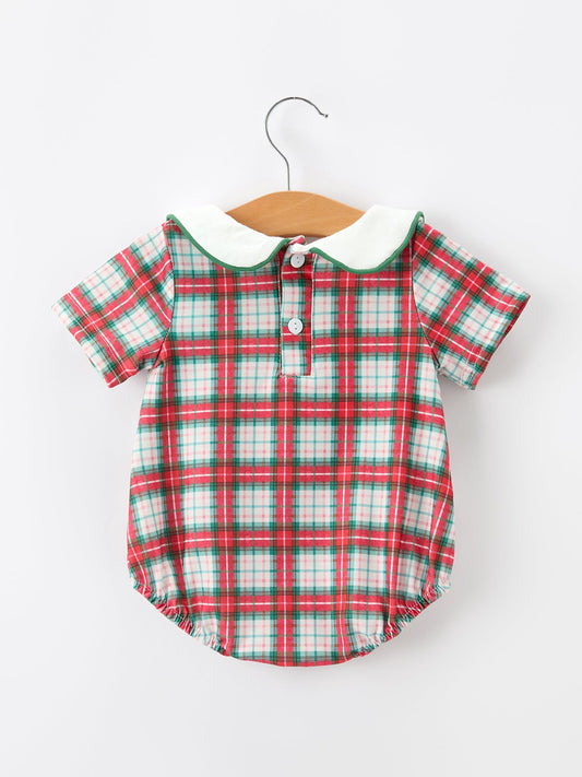 Christmas Tree Plaid Boys Romper Peter Pan Collar Smocked -