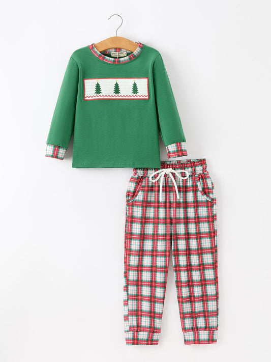 Christmas Tree Plaid Boys Set Long Sleeve Top Pants -
