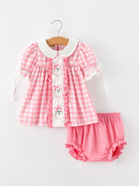 Halloween Ghost Embroidered Girls Bloomer Set Peter Pan Collar -
