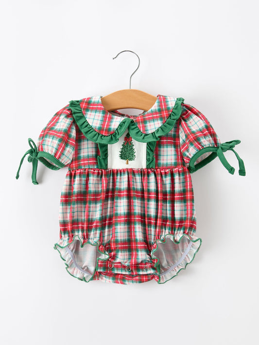 Christmas Tree Plaid Girls Romper Petals Collar Ruffle -