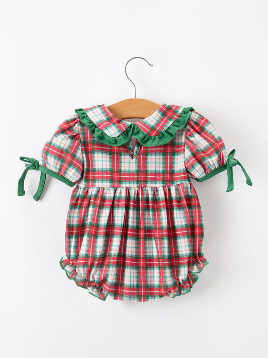 Christmas Tree Plaid Girls Romper Petals Collar Ruffle -