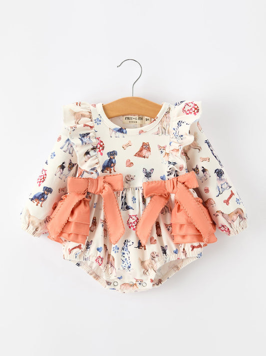 Fall Dog Print Girls Long Sleeve Ruffle Bow Romper -