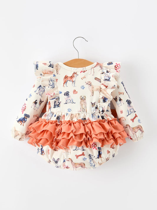 Fall Dog Print Girls Long Sleeve Ruffle Bow Romper -