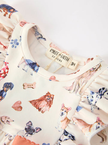 Fall Dog Print Girls Long Sleeve Ruffle Bow Romper