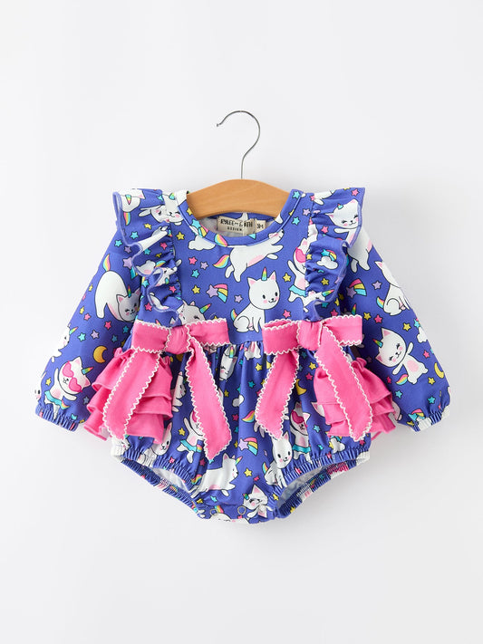 Fall Ghost Cat Print Girls Long Sleeve Romper -